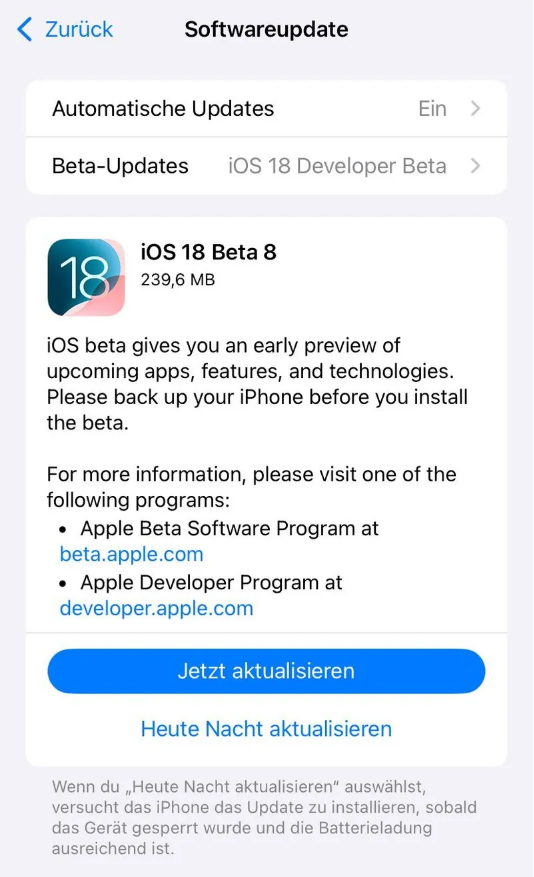 合川苹果手机维修分享苹果 iOS / iPadOS 18 开发者预览版 Beta 8 发布 